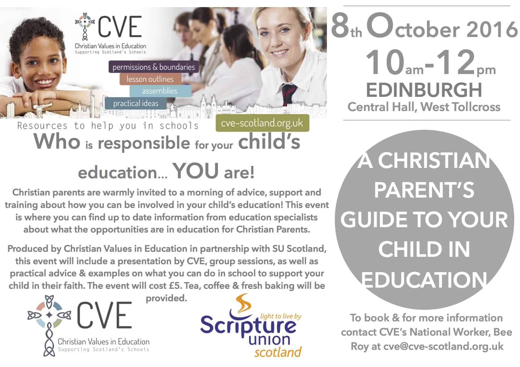 Edinburgh Parents seminar events flyer Christian Values in Education, CVE Scotland