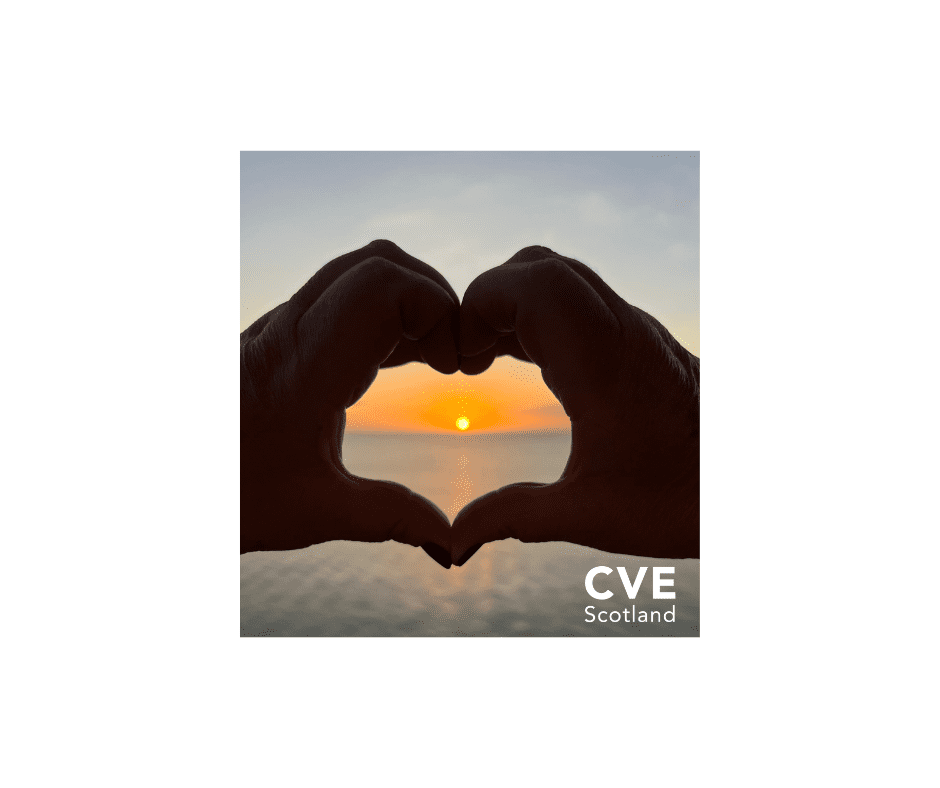 Hands round sun and CVE Scotland logo