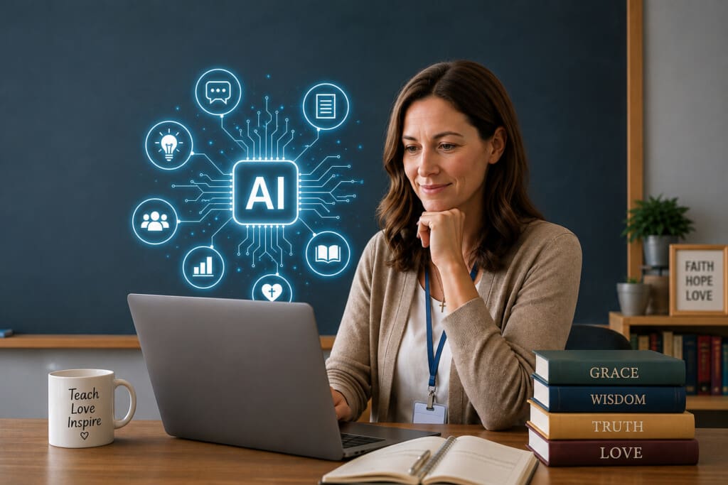 teacher at her desk on a laptop thinking about AI