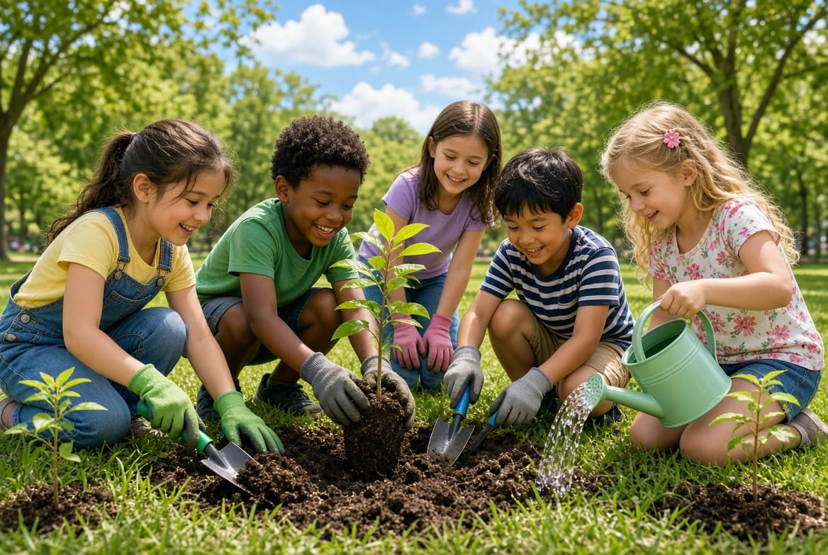 children planting trees